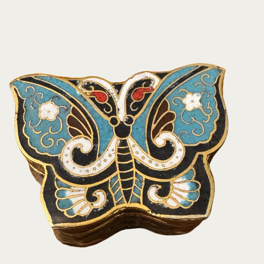 Vintage Butterfly Trinket Box Cloisonné Enameled Brass Chinese Antique